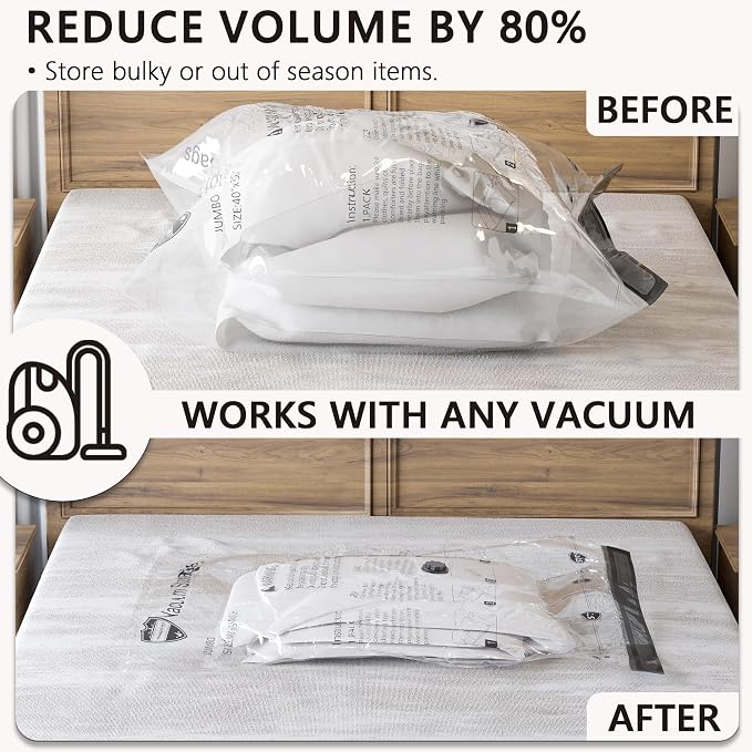 Vacuum Storage Bags, Compression Packing Space Saver Seal Bags for Clothing Bedding Comforters Blankets Pillows, 8 Medium