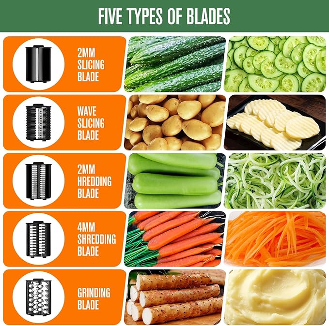 5-in-1 Electric Vegetables Chopper, 250W Cheese Grater Salad Shooter with 5 Different Blades, Kitchen Food Processor Cutter Slicer for Carrots, Potatoes, Nuts, Crackers, Salad Prep