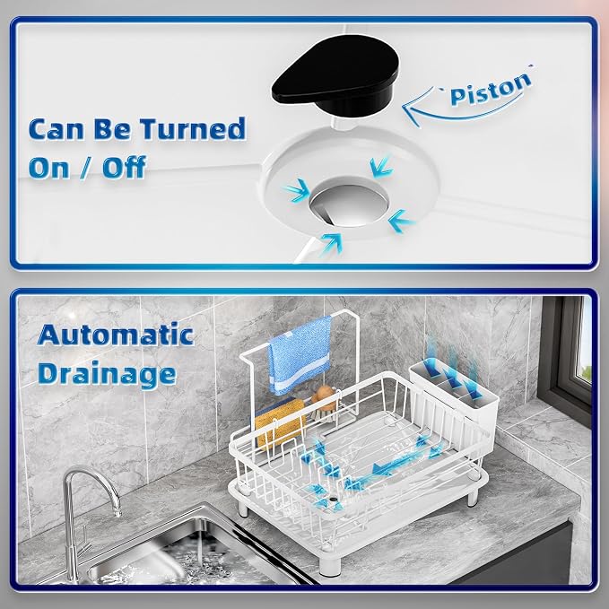GAOKASE Dish Drying Rack, Stainless Steel-Dish Rack, Dish Racks for Kitchen Counter, Kitchen Dish Drainers with Removable Utensil Holder,New Drain Outlet,Plate Rack and Drainboard (White 3)
