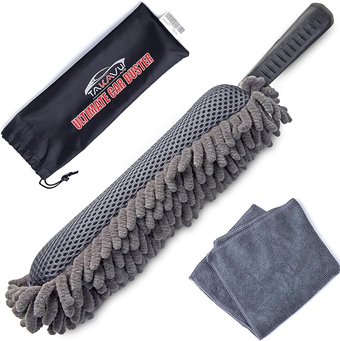 TAKAVU Car Duster Interior, Double-Sided Microfiber, Comfort Handle | Lint & Scratch-Free Cleaning for Trucks, RVs & Vehicles, Includes Microfiber Towel & Storage Bag, Soft