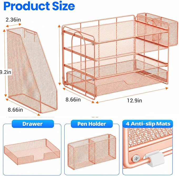 OPNICE Desk Organizer, 4-Tier Desktop File Organizer with Drawer and Pen Holders, Office Desk Accessories, File Sorters, Workspace Organizers for Office Supplies(Rose Gold - Metal Pen Holder)