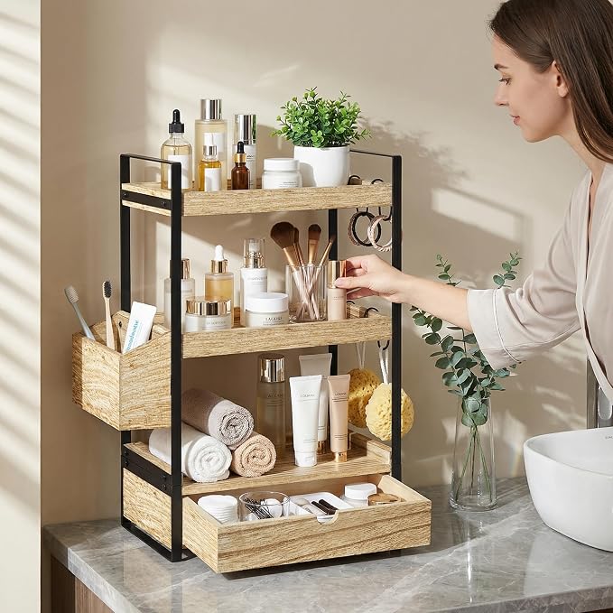 3-Tier Bathroom Counter Organizer with Drawer Basket and Hooks, Wood Bathroom Organizers and Storage for Countertop, Farmhouse Brown Countertop Organizer, Counter Shelf for Vanity, Kitchen,Office