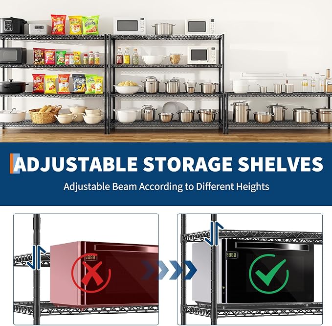 4-Tier Heavy Duty Wire Garage Shelving with Wheels, 2200 LBS Capacity, 24" D x 56" W x 75" H, Adjustable Spray-Coated Iron Metal Storage Rack for Warehouse, Kitchen, Pantry, Utility Room - Black