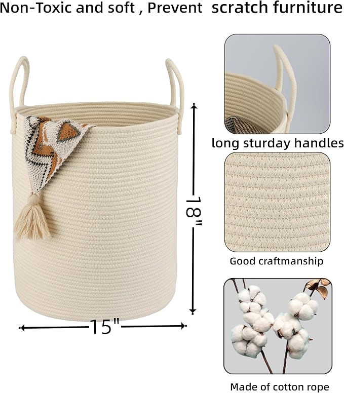 XUANGUO Cotton Rope Laundry Basket Hamper for Clothes, beige | Woven Storage Basket for Living Room Bedroom Boho Tall Rope Baskets for Blanket Toys Pillow Towels Baby Nursery Hamper Bin