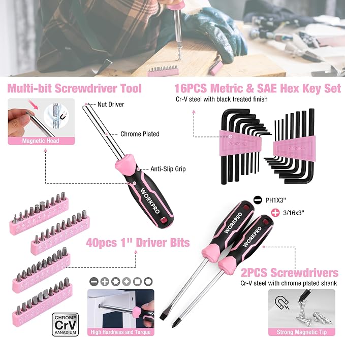 WORKPRO 284PCS Pink Tool Set, Portable Home Basic Tool Kit Box for Women | Household Case with Hammer, Ratchet Sockets, Pliers, Screwdrivers, Repairing Tool Kit, House-Warming, DIY - Pink Ribbon