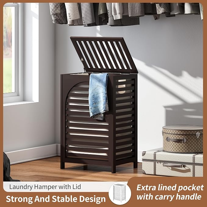 Laundry Hamper with Lid (16.9 * 13 * 26.5inches) Large Bamboo Laundry Bin Basket 85L Clothes Hamper with 1 Removable Bag Storage baskets for Bathroom(Brown)