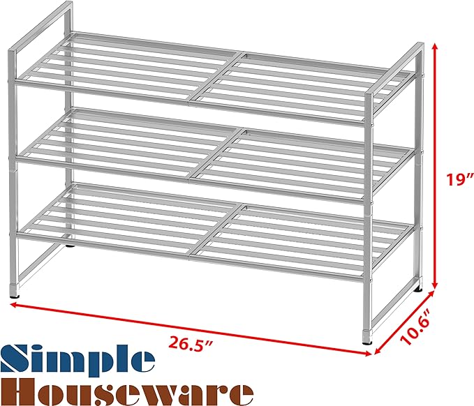 Simple Houseware 3-Tier Stackable Metal Panel Shoe Rack, Silver | 9 Pairs of Shoes Storage Organizer for Closet, Entryway, Garage & Corridor