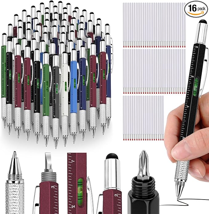 Zhanmai 16 Pcs 6 in 1 Multitool Pen Bulk Gift for Men Multi Tool Ballpoint Pen with Ruler Level Screwdriver Stylus Cool 40 Ink Refill Tool Gadget Birthday Christmas Stocking Stuffers (Multiple Colors)