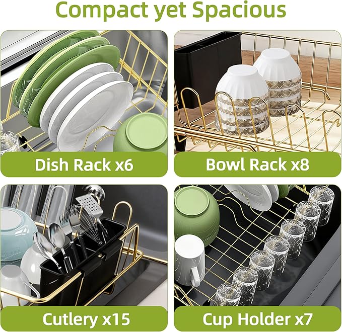 Dish Drying Rack-Large Stainless Steel Dish Drainer Over The Sink for Kitchen Countertop with Utensil Holder and Silicone Drying Mat(Gold, in Sink, 24.2'*13.2')