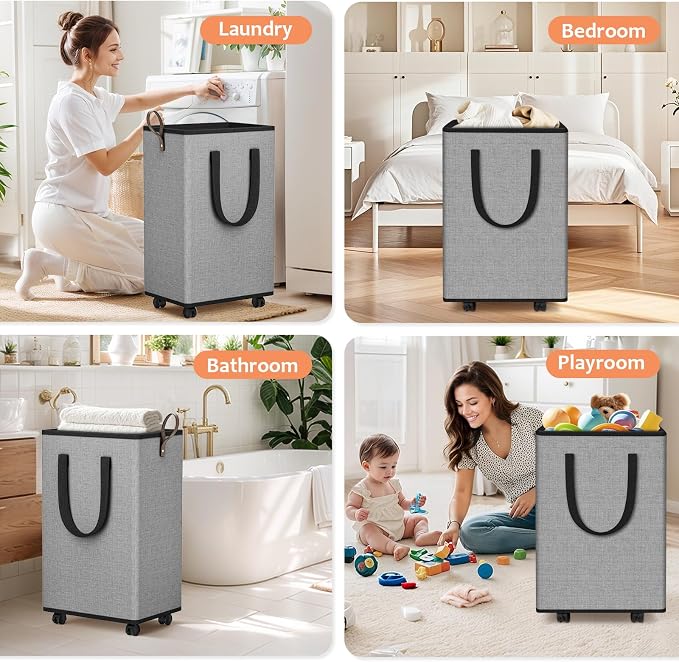 SpaceTrove Rolling Laundry Basket with Wheels, Laundry Hamper, 80L, Grey | Collapsible, 4 detachable wheels including 2 with brakes, sturdy handle, metal frame, for dorms, bathrooms and bedrooms