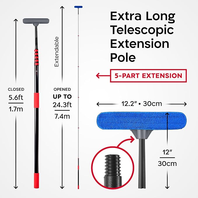 Tyroler Professional Window Squeegee with Extension Pole | Squeegee for Windows Cleaning | Outdoor Window Cleaner Tool, Windows Washing Kit with Extension Pole | Window Cleaning Kit (24.3 feet)
