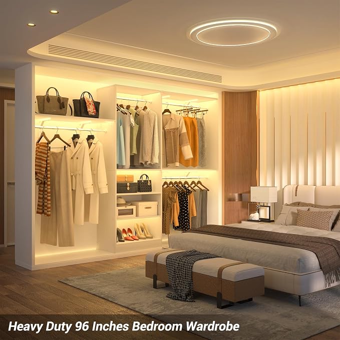 8FT Closet System with 3 Wooden Storage Shelves, 96'' Closet Organizer System with 3 Hanging Rods, Wall Mount Bedroom Wardrobe Walk-in Closet, Adjustable Garment Rack from 5 to 8FT (Cut to Fit), White