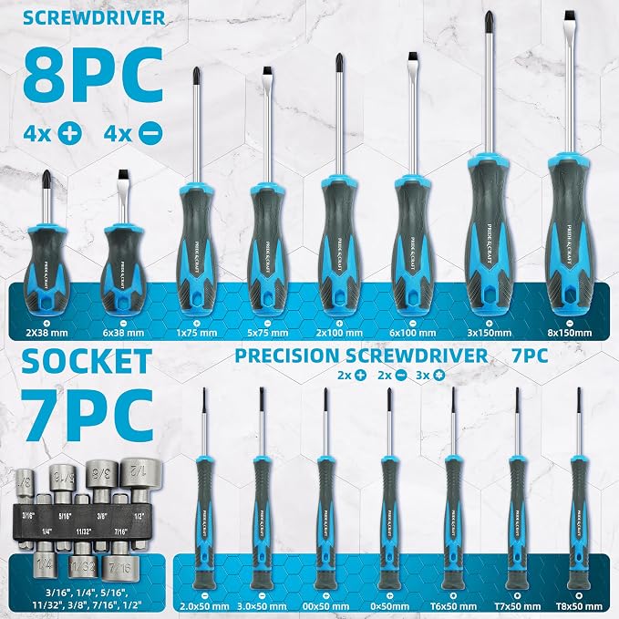 PRIDE&CRAFT Magnetic Screwdriver Set 71-Piece,Chrome-Vanadium Steel, Includes Slotted/Phillips/Torx Mini Precision Screwdriver, Replaceable Screwdriver Bits,Magnetizer Tool Kit for Repair Craft