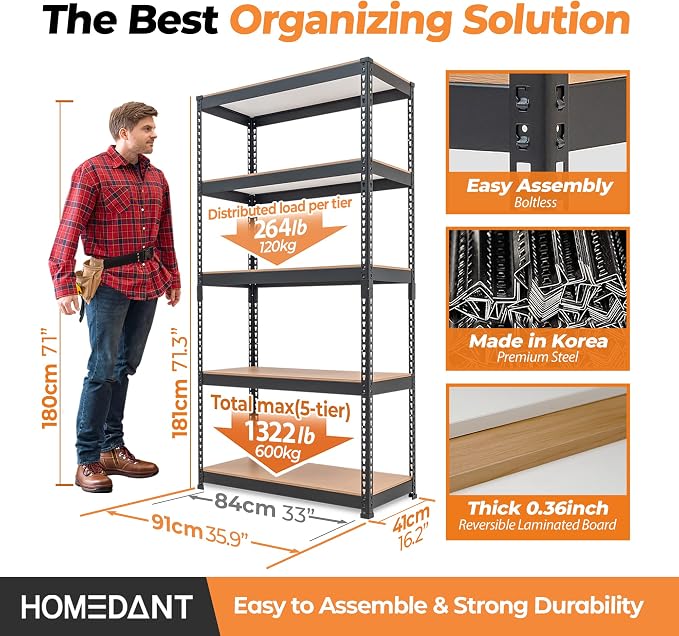 HOMEDANT 35.9" W 5 Tier Heavy Duty Garage Shelving Adjustable Metal Rack Storage Shelves Standing Shelf Unit Organizers Pantry Closet Black 1Pack
