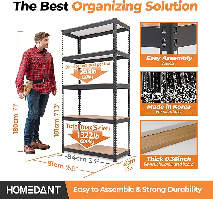 HOMEDANT 35.9" W 5 Tier Heavy Duty Garage Shelving Adjustable Metal Rack Storage Shelves Standing Shelf Unit Organizers Pantry Closet Black 2Pack