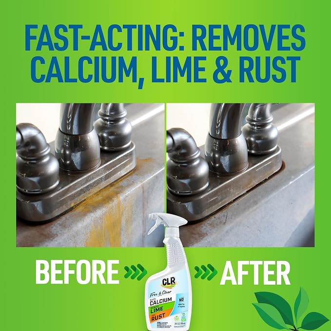 CLR Brands Lime & Rust Remover Free & Clear, 26 oz. Bottle | No Added Dyes or Fragrances, Gentle Lime and Bathroom Descaler, Removes Hard Water Stains and Rust Deposits