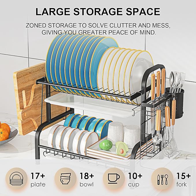 Dish Drying Rack, 2-Tier Stainless Steel Dish Rack for Kitchen Counter or Over Sink, Space Saving Organizer with Removable Drainboard,Home and Appartment Decor, Black