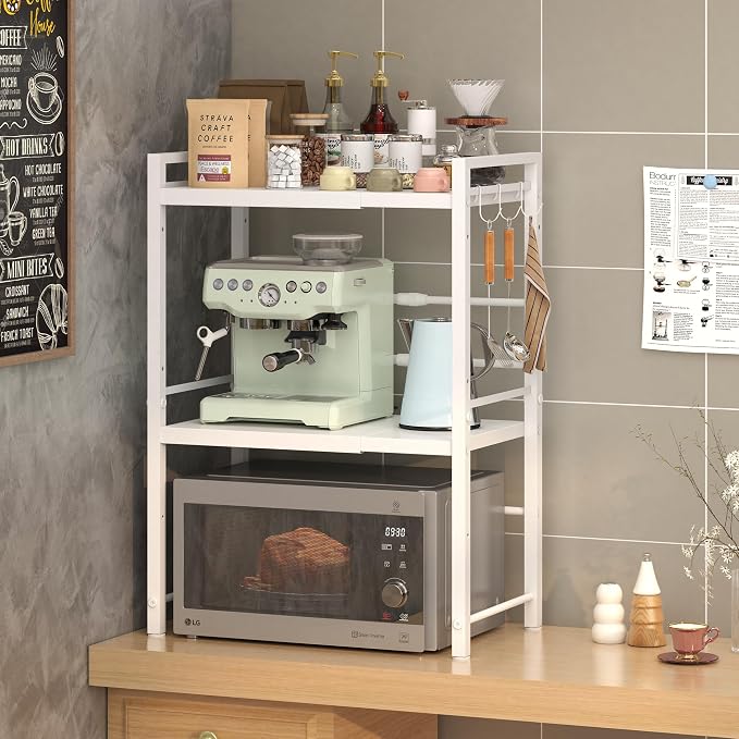 DOLALIKE Expandable Microwave Stand Kitchen Countertop Organizer, White | Adjustable Microwave Oven Rack Metal Storage Shelf with 3 Hooks for Pans Small Appliances Kitchen Utensils Tableware, 3-Ter