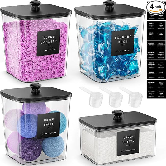 4 Pack Laundry Pods Container, Clear Laundry Room Organization Containers Essentials, Large Detergent Powder Storage Containers Black Wooden Lids & Labels Signs, Home Acrylic Laundry Pods Holder
