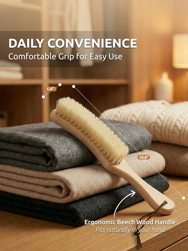 TAKAVU White Boar Clothes Brush for Suits, Large Beech Wood Handle | Lint Brush for Coats, Cashmere, Wool, Velvet & Suede Upholstery, Hats & Jackets, Natural Stiff Bristle Garment Care
