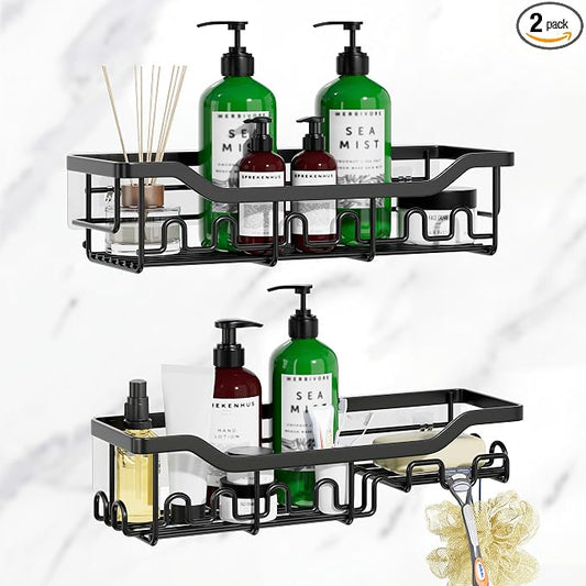 Shower Caddy Adhesive Bathroom Shelf, 2-Pack Rustproof Shower Organizer with Soap Holder, Wall Mounted Shelves for Large Storage with 16 Hooks