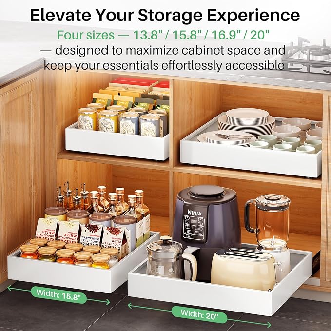 4 Pack Pull out Cabinet Organizer, 21"Deep, Heavy Duty Full-extension Slide out Drawers for Kitchen Cabinet, Roll out Shelf Storage with Nano Adhesive for Pots, Bathroom, Pantry, Home, White