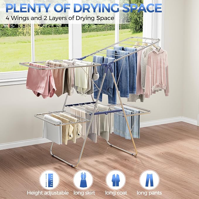 APEXCHASER Large Stainless Steel Clothes Drying Rack, Generous Drying Area | Foldable 2-Level Drying Rack Clothing, Free-Standing Laundry Airer, with Height-Adjustable 4 Wings, Matte Blue