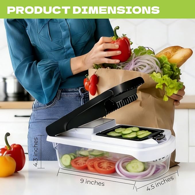 Veggie Chopper, Onion Dicer, Spiralizer & Storage Box | One press, easy cutting. 17 blades & tools includes cut-resistant glove. Perfect for salads, fries & meal prep.