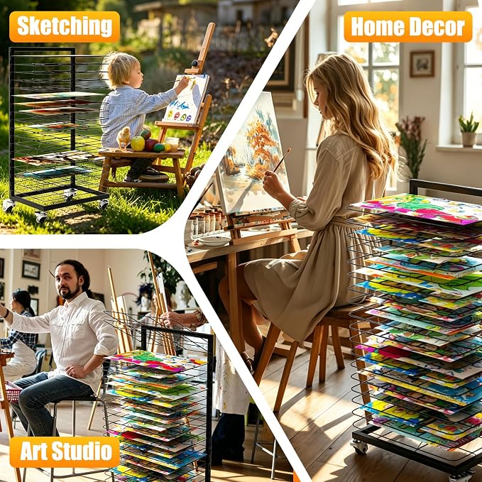 Art Drying Rack for Classroom – 18 Removable Shelves, Mobile Rolling Metal Painting Drying Rack with Locking Casters, Paint Rack for Art Studio, School & Home