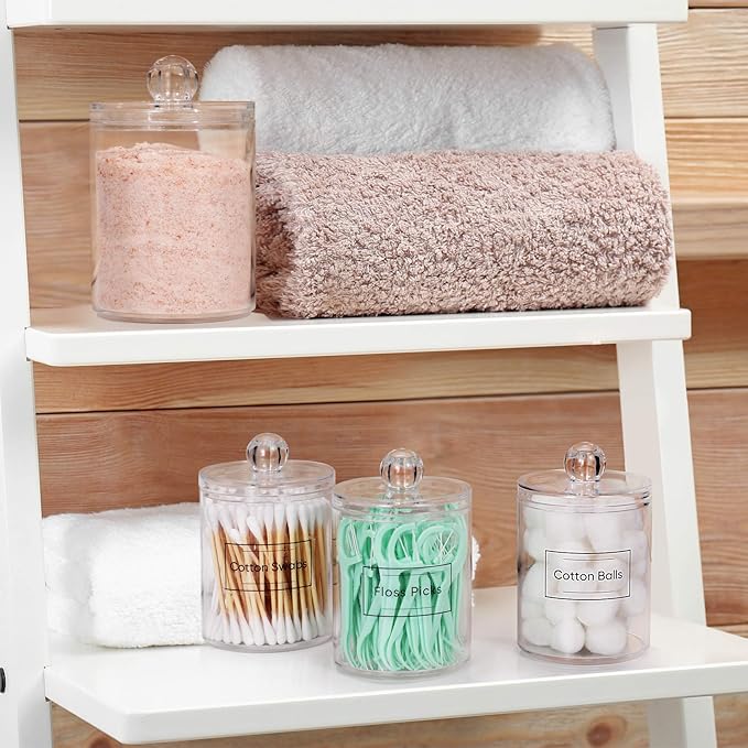 AOZITA 3 Pack Acrylic Qtip Holder Dispenser for Cotton Swab, Ball, Round Pads, Floss Picks - 10 oz Clear Plastic Apothecary Jar Set for Bathroom Canister Storage Organization, Vanity Makeup Organizer