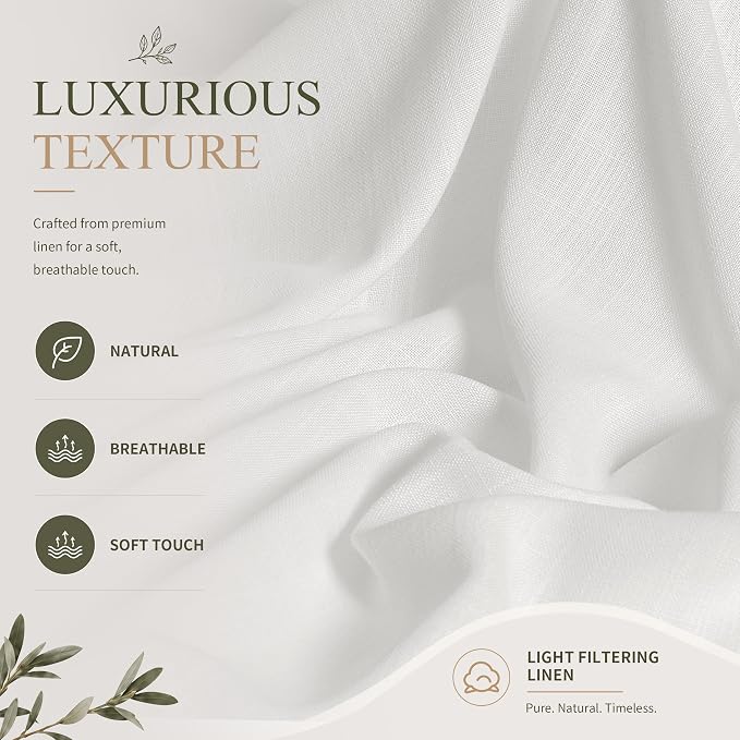 Hokibero Off White Linen Curtains 96 Inches Long for Living Room 2 Panels | Light Filtering Sheer Curtain, Back Tab Rod Pocket Pleated Look, Textured Privacy Drapes for Bedroom Window, Boho Farmhouse