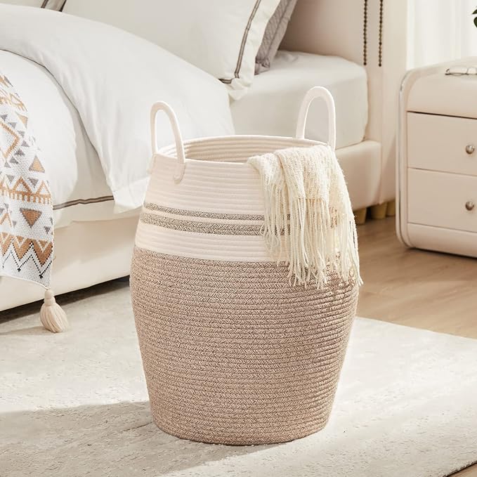 Extra Large Laundry Hamper Basket 105L Woven Blanket Basket, Brown & White | Tall Clothes Hamper, Rope Wicker Laundry Basket, Storage Basket for Toys, Dirty Cothes in Bedroom, Living Room Organizer
