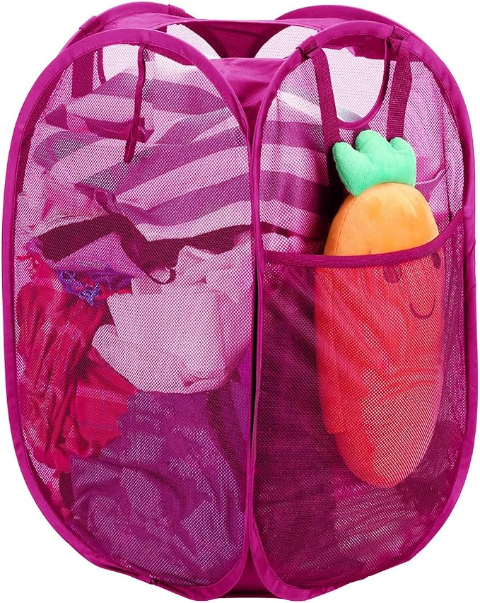 HOUSE AGAIN Strong Mesh Pop Up Laundry Hamper, 70L Collapsible Laundry Basket with Steel Frame, Double‑Stitched Handles & Side Pocket, Foldable Dirty Clothes Hamper for Dorm, Bedroom, Pink