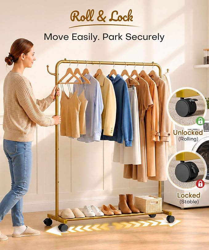 Homde Rolling Clothes Rack with Hooks: Standing Garment Storage for Indoor - Hanging Rod for Bedroom Laundry Room - Coat Dress Organizer on Wheels with luggage shelf (Gold, 46.5")
