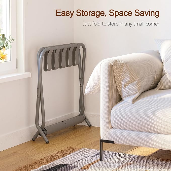 AMHANCIBLE Luggage Rack, Set of 2, Foldable Suitcase Stands for Guest Room | Metal Luggage Holder with Storage Shelf for Bedroom, Hotel, Easy Assemble, Grey