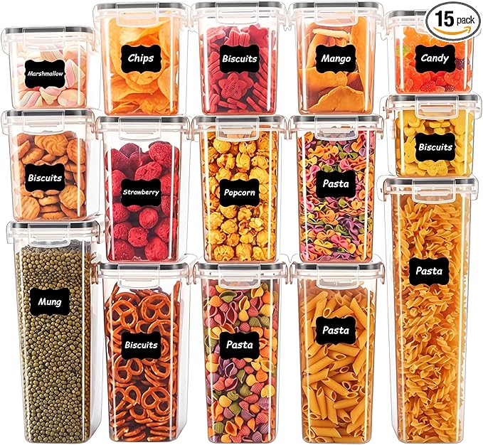15PC Pantry Storage Containers, Airtight Food Storage Containers with Lids, BPA Free Kitchen and Pantry Organization and Storage Set for Pasta, Dry Food, Flour and Sugar, Cereal