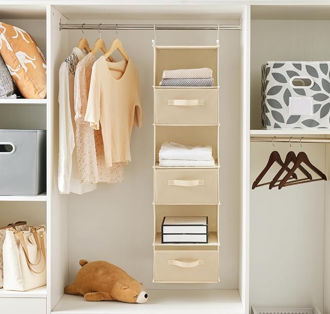 MAX Houser 6 Tier Shelf Hanging Closet Organizer, Closet Hanging Shelf with 2 Sturdy Hooks for Storage, Foldable (Beige-D3)