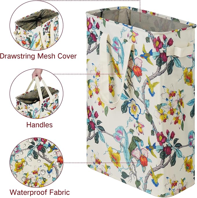 efluky Slim Laundry Basket, Narrow Laundry Hamper with Handles, Collapsible Dirty Clothes Hamper, Tall Laundry Bin for Laundry Room, Dorm and Bedroom, 48L (12.7 Gallon) Floral