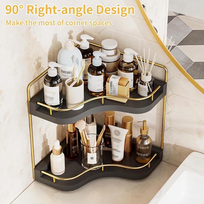2-Tier Corner Bathroom Counter Organizer, Larger Size | Embedded Screw Holes, Sturdy & Stable, Oversized, Holds More, Vanity Shelf for Makeup & Skincare, Black Gold