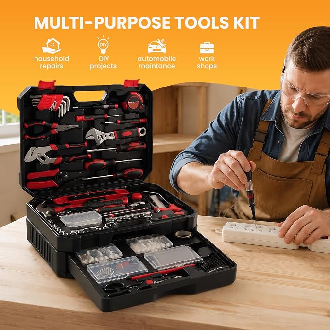 NEWBULIG 330-Piece Complete Tool Box Set, Durable Homeowners Tool Kit with Pull-Out Drawer, Versatile Home Repair Kit for Auto & Household, DIY Projects, Black-Red