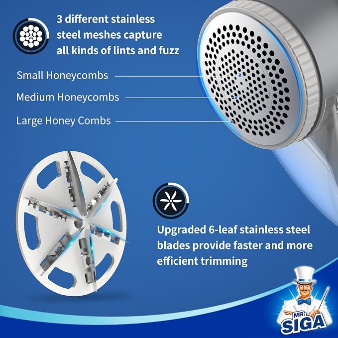 MR.SIGA Lint Remover Sweater Defuzzer with 2 Replaceable 6-Leaf Blades | Fabric shaver with 2 speeds, rechargeable electric lint fuzz remover with LED lights and 2 replaceable 6-leaf blades
