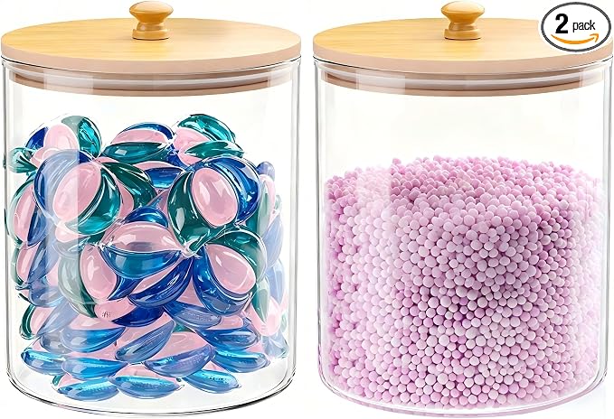 HomePekite 2 Pack Glass Laundry Pods Container, Clear Laundry Room Organization Containers with Lids & Labels, Powder Laundry Detergent Container for Scent Booster, Powder