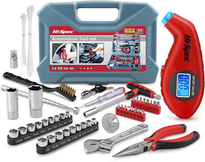 Hi-Spec Compact Auto Garage Tool Kit with Digital Tire Pressure Gauge | 65pc, socket and wrench coverage, roadside fixes, organized box, garage maintenance help, bike and vehicle tasks, quick setup