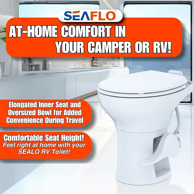 SEAFLO Porcelain RV Toilet with Elongated Bowl, 19” Residential Height, Gravity Flush, Foot Pedal Flush, Soft Close Seat, Easy Install, Camper Toilet, 4-Year Warranty, SFRTCH-02-01