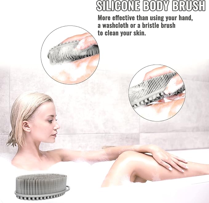 Set of 3 Silicone Body Scrubber Loofah Soft Exfoliating Body Bath Shower Scrubber Loofsh Brush (Black+Gray+Blue 010)