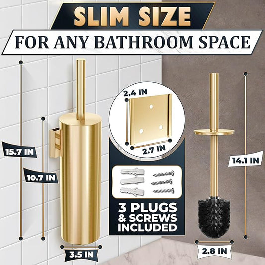 Gold Toilet Brush and Holder Set with Wall Mount - Modern Wall Mounted Toilet Brush Made from Corrosion-Resistant Stainless Steel - Removable Inner Bowl, Splash Protection & Dense Bristles Supplied