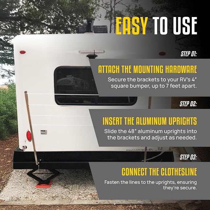 Stromberg Carlson CL-100 Bumper Mounted Clothesline - 48" aluminum foldable travel drying rack for RV Bumper, camper, and outdoor use; 84" hanging space, ideal RV clothesline and camping laundry rack. | Fits 4 in square bumpers, 84 in hanging space, ba...