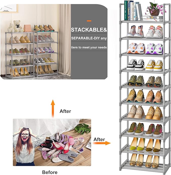OYREL 10-Tier Metal Shoe Rack, Narrow Shoe Rack Organizer, Sturdy Shoe Shelf for Closets, Entryway, Bedroom, Garage - Silver | Closets, Entryway, Bedroom, Garage, Space Saving Tall Shoe Shelf, Free Standing Boot Storage Racks, Silver
