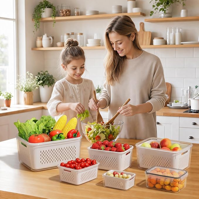 JSCARES Fruit Storage Containers for Fridge - 3 Pack Produce Storage Containers with Removable Colander, Leakproof Food Organization Keep Fruits Berry Veggie Salad Meat Fresh Longer