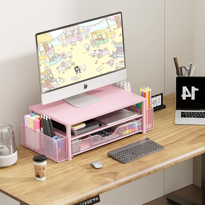 OPNICE Desk Organizer and Accessories, 2-Tier Computer Monitor Stand Riser with Drawer and 2 Pen Holders, Laptop Stand, Office Desk Accessories for Office Supplies, 1 Pack, Pink